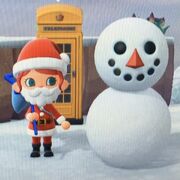 A freshly created snowperson from the cartoon video game Animal Crossing New Horizons