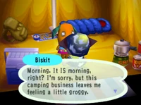 Biskit camping in Animal Crossing.