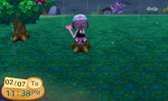 A player sitting on a stump in the rain (New Leaf)