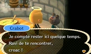 Crabot parlant au joueur dans le camping dans New Leaf