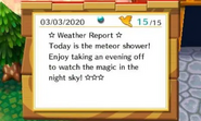 A meteor shower report on the bulletin board in New Leaf.