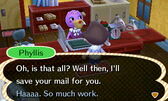 Phyllis saving mail in New Leaf