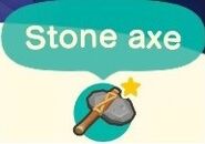 The stone axe favorited and in a player's inventory, New Horizons.
