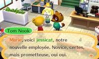 Tom Nook présentant à Marie la nouvelle employée