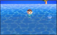 A player next to a jellyfish in New Leaf.