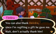 Timbra mistakenly referring to Deirdre as a male.