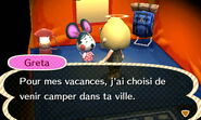 Greta parlant au joueur au campement dans New Leaf.