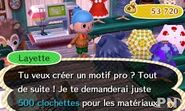 Un joueur demandant à Layette de créer un motif pro