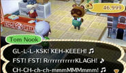 Tom Nook sings a celebratory song as the player completes paying off his home.