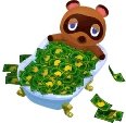 Tom Nook in a tub of Leaf Tickets