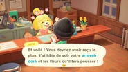 Marie offrant le plan de l'arrosoir doré au joueur