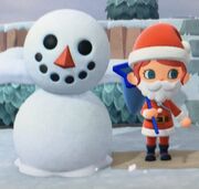 A snowperson in a cartoon video game with the bottom portion being slightly melted