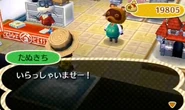 Nook welcoming the player into his store.