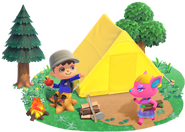 New Horizons campsite with player and Fuchsia