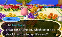 Alfonso talks about the nearby tire toy in New Leaf.