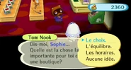 Tom Nook demandant à une joueuse ce qu'elle préfère dans son magasin