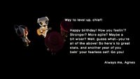 Agnes' birthday wishes to the player