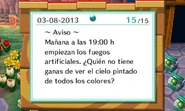 Tablón de anuncios anunciando los fuegos en New Leaf