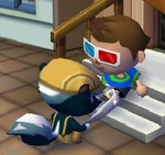 Blaise cirant des chaussures à un joueur dans Let's Go to the City