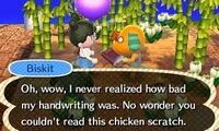 Biskit talking to a player in New Leaf.