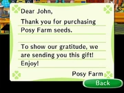 A letter thanking the player for purchasing seeds from Posy Farm.