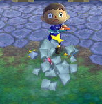 Striking a rock with an ore inside, thereby smashing it, in New Leaf.