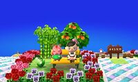 Sitting on a yellow bench with Apple in New Leaf.