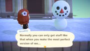 a picture of a video game character standing beside and talking to their snowperson they created. The snowperson is saying "Normally, you can only get stuff like that when you make the most perfect version of me..."