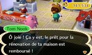 Tom Nook félicitant le joueur pour avoir rembourser dans la totalité son prêt.