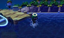 Player jumping off dock with a wet suit in New Leaf.