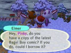 RUU 0442.jpg (88 KB) Bagel Boy is an unseen comic from the Animal Crossing series that is mentioned by Lazy villagers in conversations with other villagers.