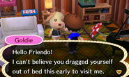 Goldie greeting the player in her house in the morning.