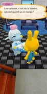 Un joueur costumé en Albin offrant un en-cas à Chaï dans Pocket Camp