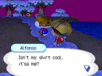 Alfonso asking the player if his shirt is cool in Wild World.