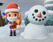 A cartoon snowperson having been slightly melted in Animal Crossing New Horizions, their round torso has begun to deteriorate and appear to be absorbed into the ground