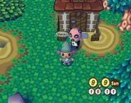 Chulin devant sa maison dans Animal Crossing