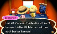 Goldie visiting a player's town by camping. (German version)