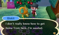 Biskit talking to a player in New Leaf.