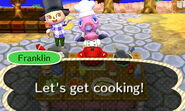 Franklin and a player cooking after all the ingredients are found in New Leaf