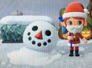 A screenshot from the video game Animal Crossing New Horizons, with a cartoon snowperson with barely any torso and only a head remaining