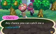 Cherry asking a player to catch a coelacanth for her.