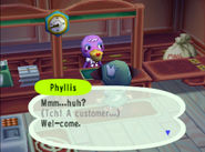 Meeting Phyllis in the Post Office in Animal Crossing.