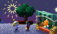 Isabelle at the fireworks show near Redd's Cookie Stand in New Leaf