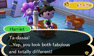 Harriet announcing the player's new haircut in New Leaf