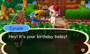 Cyrano wishing the player a happy birthday.