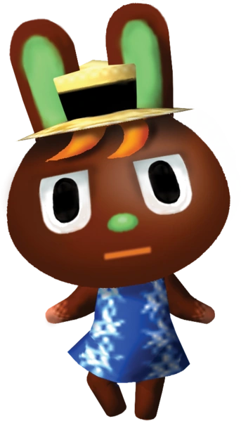 the render of ohare from animal crossing population growing. ohare is a brown rabbit with half circle eyes and a green nose. he has an orange tuft of hair and wears a tiny boater hat. the insides of his ears are green and his mouth is also orange. he wears a blue hawaiian shirt and the tips of his hands are slightly powdered. he is looking directly at the camera and his arms are lifted somewhat from resting position, doing a sort of shrugging motion. his right leg is bent slightly.