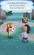 The player making shell necklaces with Bunnie in Pocket Camp.