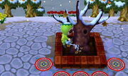 A player using the net glitch to water the town tree.