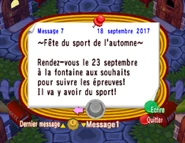 Un message annonçant la fête du sport sur le panneau d'affichage d'Animal Crossing