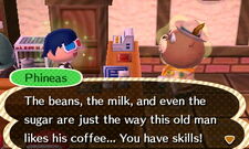 Phineas complementing The Player about their coffee making skills.